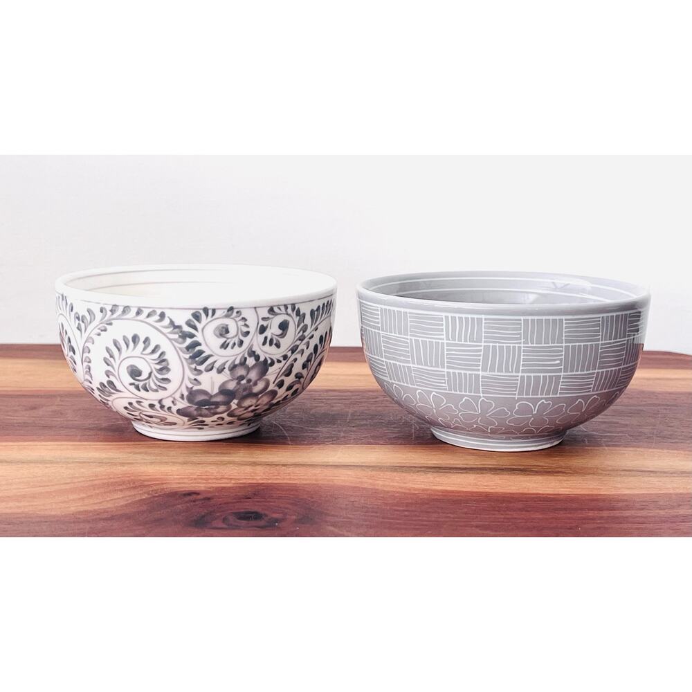 Porcelain Vietnamese Rice Bowls Set of 2  Grey Gray Pattern Home Kitchen